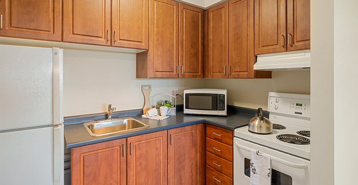 Kitchen showing fridge, oven, cabinets and sink