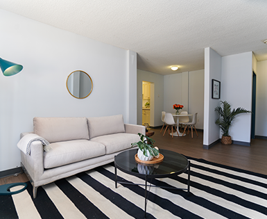 Living room showing couch, coffee table and dining area