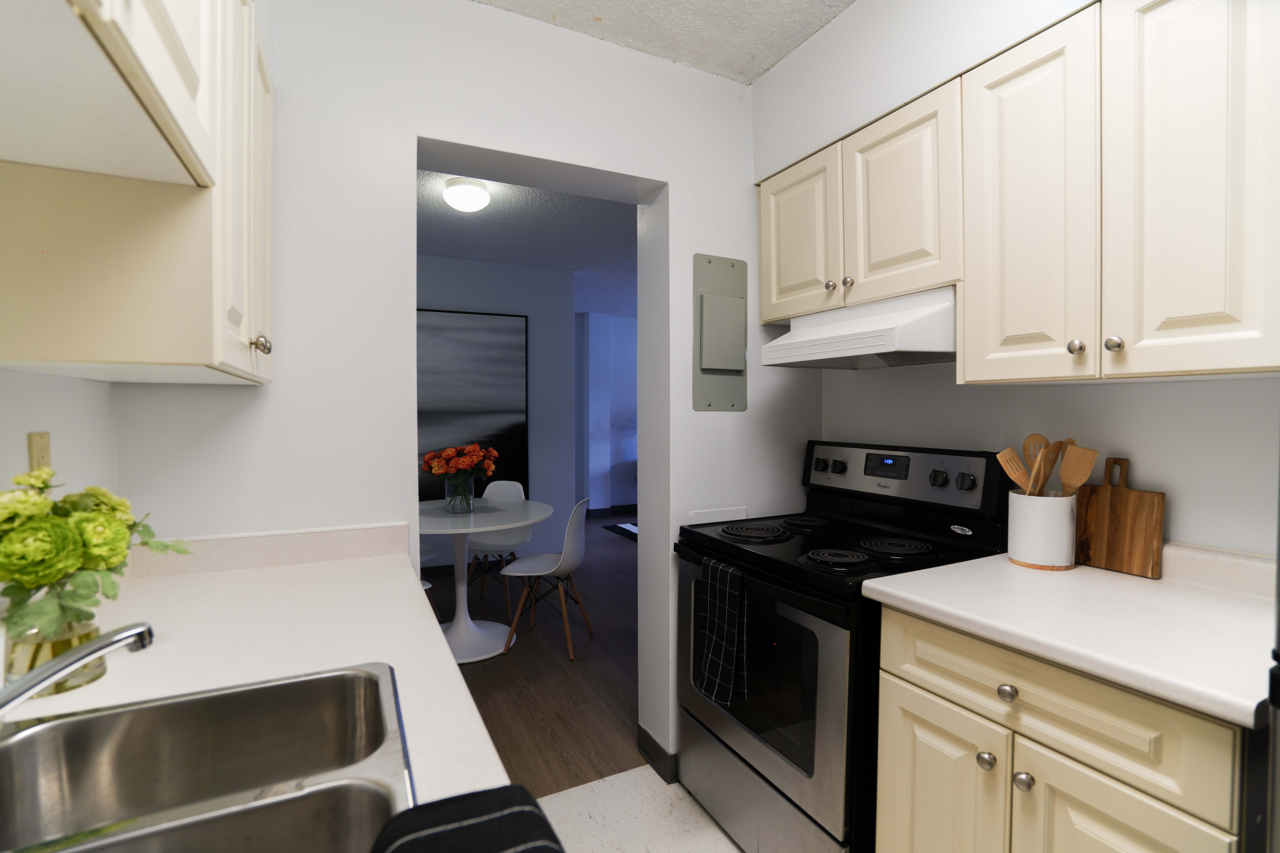 Kitchen showing cabinets, oven and sink