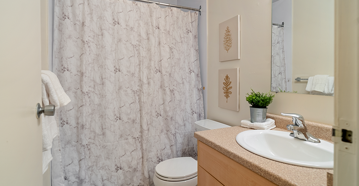 Bathroom showing shower, toilet and sink