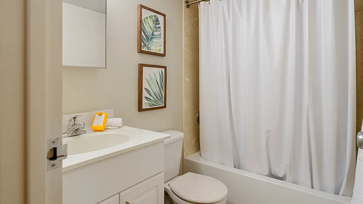 Washroom showing shower, toilet and sink